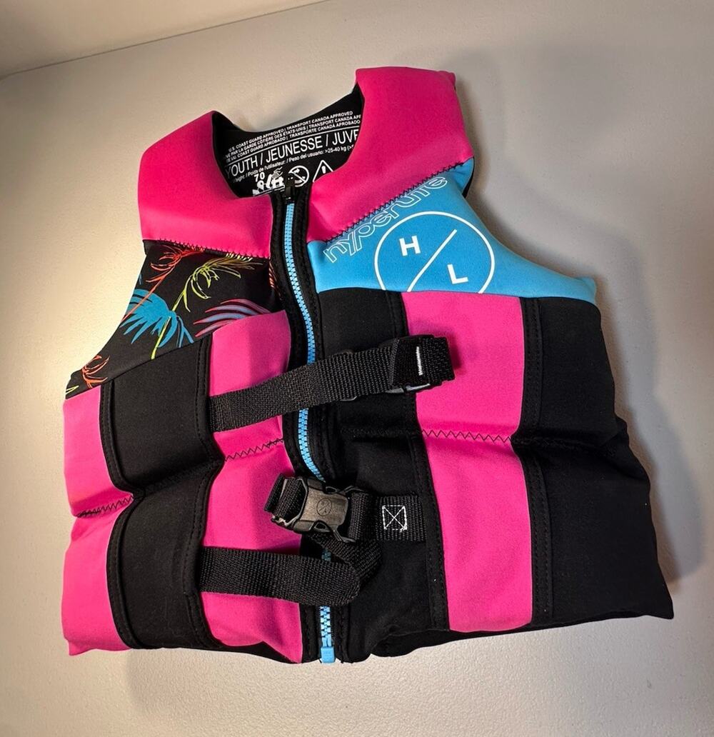 Hyperlite Youth Life Jacket Vest – Pink/Blue Tropical Print 25-40kg) 55-88 Lbs